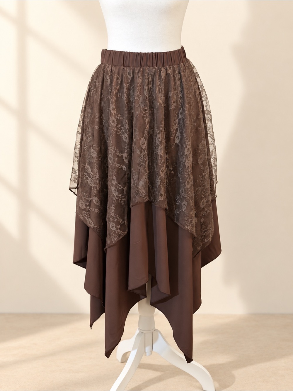 ROMWE Brown Lace Layered Handkerchief Hem Skirt M